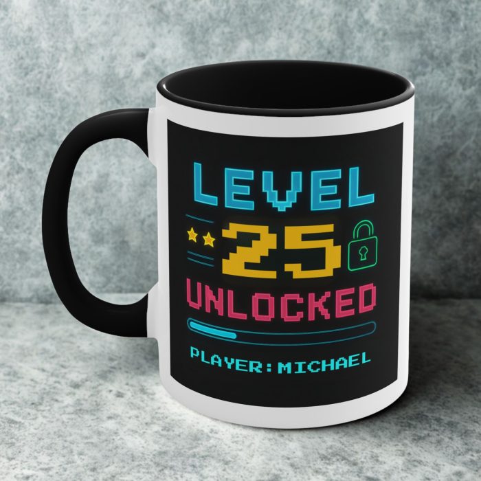 Level 25 Unlocked Mug – Personalised Birthday Gift with Custom Name & Age